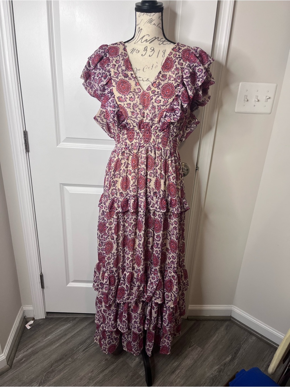 Aqua Pink Paisley Ruffle Tiered Maxi Dress